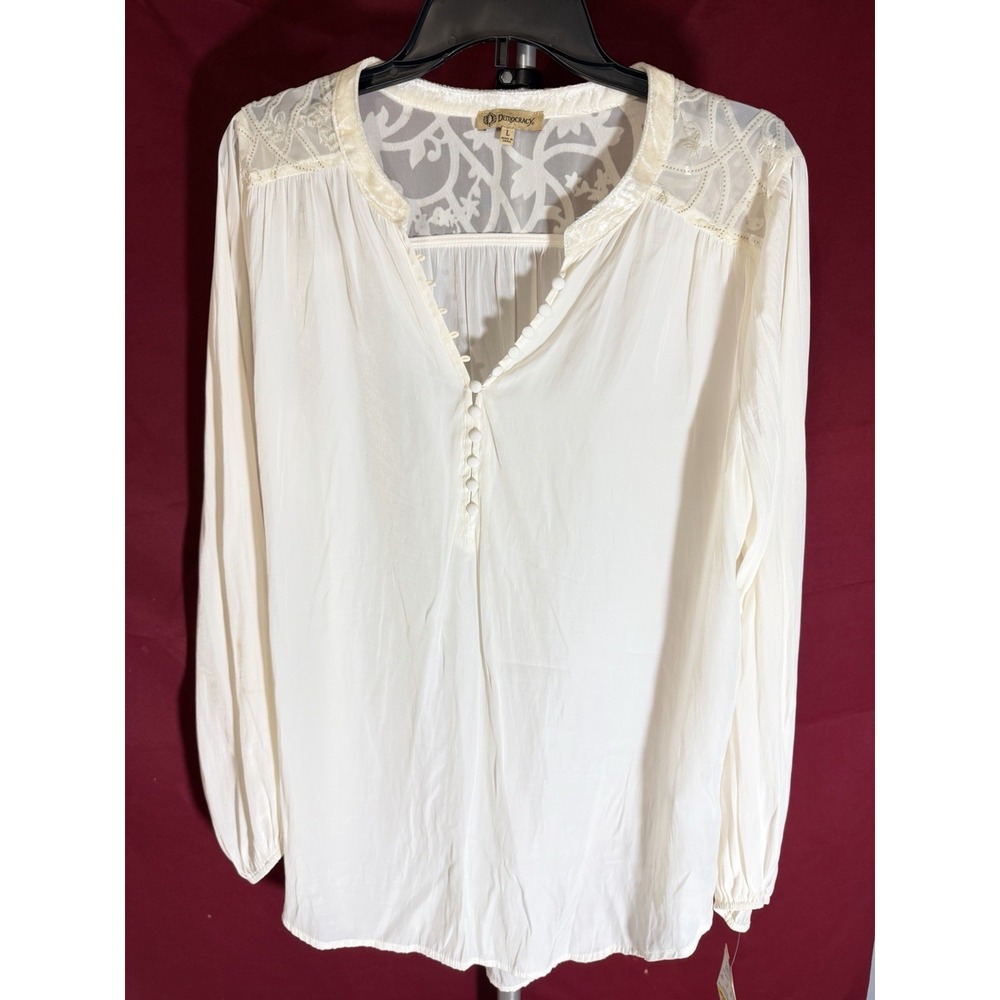 Democracy Women's L White V-Neck Long Sleeve Lace Yoke Button Blouse (A3227)